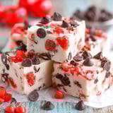 A close up of a piece of Cherry Garcia Fudge.