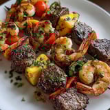 Grilled steak and shrimp kabobs with vegetables.