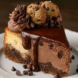 A slice of chocolate cheesecake with chocolate drizzle.