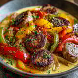 A bowl of sausage and peppers.
