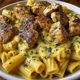 A plate of garlic butter chicken rigatoni.