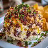 A dried beef cheese ball on a plate.