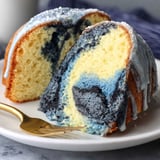 A slice of blue velvet vanilla pound cake.