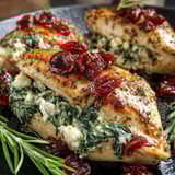 A plate of chicken with spinach and cranberries.
