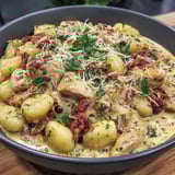 A bowl of creamy chicken gnocchi skillet.