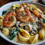 A bowl of creamy spinach mushroom shrimp.