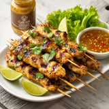 A plate of grilled chicken skewers with a dipping sauce.