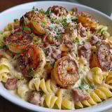 A bowl of pasta with shrimp, sausage, and bacon.