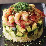 A spicy California shrimp stack on a plate.
