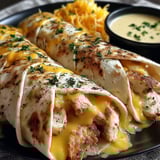 A plate of chicken wraps with cheese and sauce.