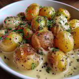 A bowl of creamy garlic baby potatoes.