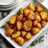 A white plate with a bowl of garlic potatoes.