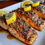 A plate of grilled salmon with lemon wedges on top.
