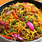 A bowl of savory ground beef lo mein.