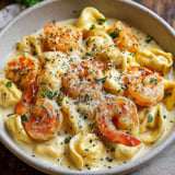 A bowl of pasta with shrimp and cheese.