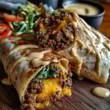 A cheesy ground beef wrap delights on a wooden table.