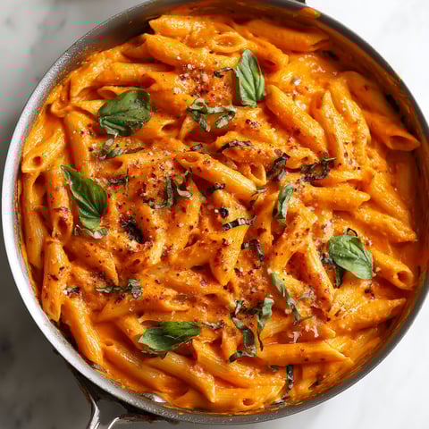 A pan of roasted red pepper pasta.