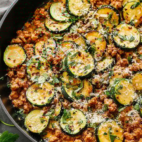 A skillet filled with ground turkey and zucchini.