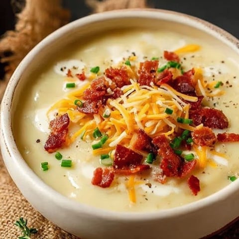A bowl of soup with cheese and bacon on top.