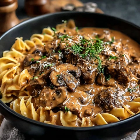 A bowl of beef stroganoff with mushrooms and noodles.