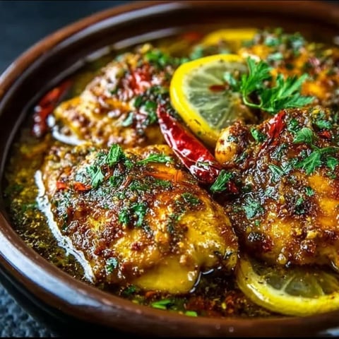 A bowl of chicken with lemon and garlic butter.