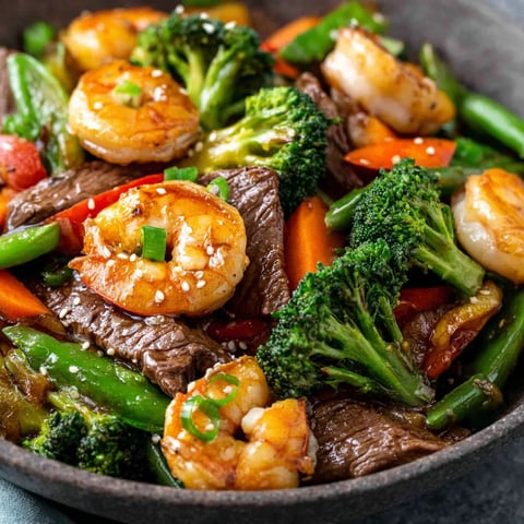 A bowl of steak and shrimp stir fry.