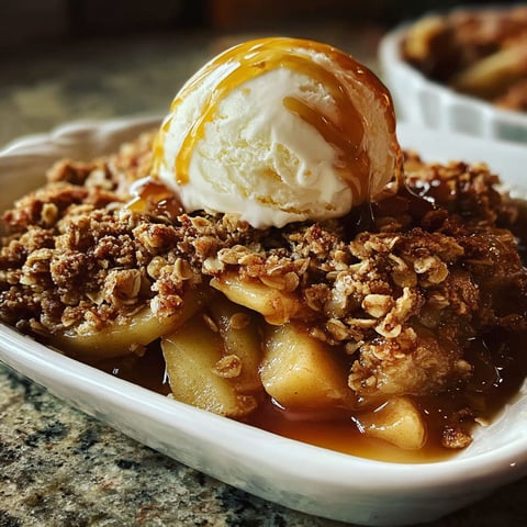 A bowl of apple crisp with a scoop of ice cream on top.