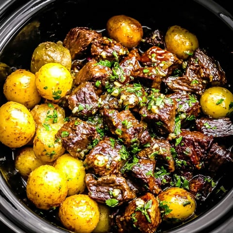 A crockpot filled with beef, potatoes, and garlic butter.