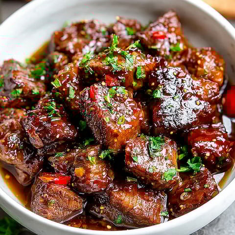 A bowl of beef stew with green herbs.