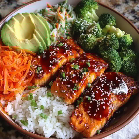 A bowl of food with rice, broccoli, and salmon.