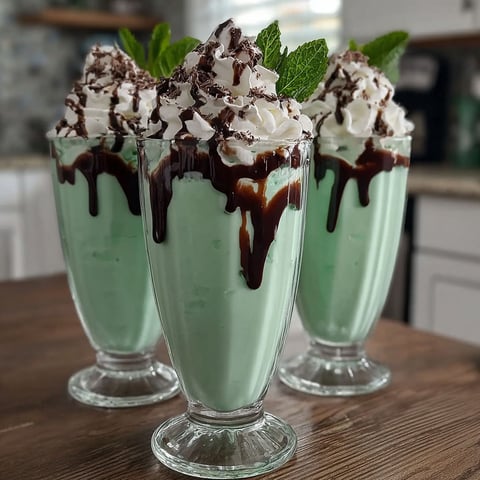 Three glasses of green shakes with chocolate drizzle.