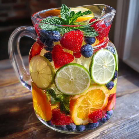 A pitcher of fruit juice with blueberries, strawberries, limes, and oranges.