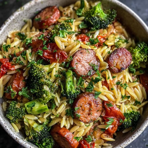A bowl of chicken sausage, broccoli, and orzo.