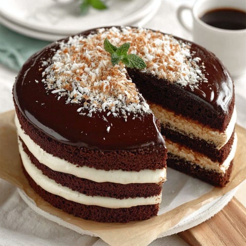 A slice of chocolate cream layer cake.