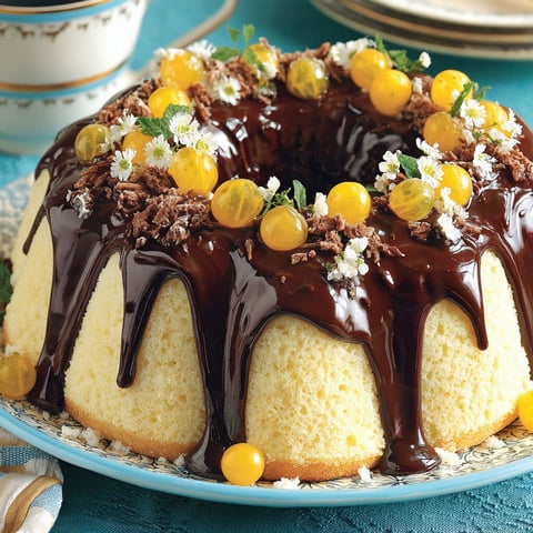 A chocolate-drizzled yellow sponge cake with golden berries.