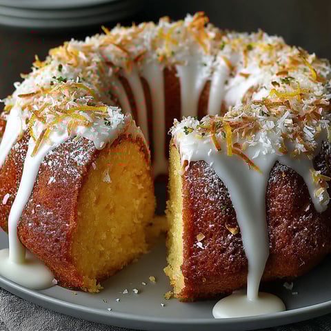 A slice of coconut lemon bundt cake.