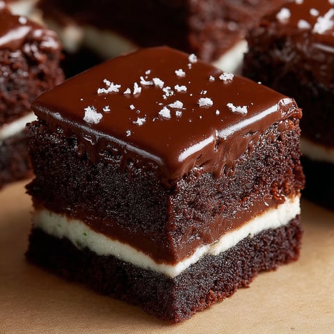 A square of chocolate mint brownies with white frosting.