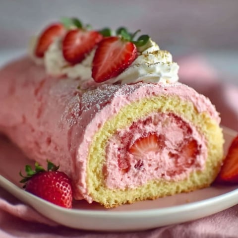 A slice of pink and white strawberry swiss roll cake.