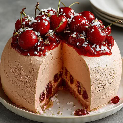 A slice of cherry mousse dome cake.