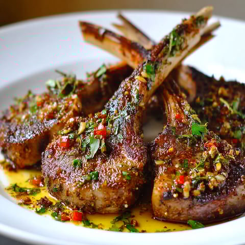 Lamb chops on a white plate.