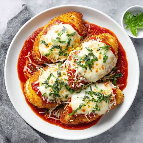 A plate of chicken parmesan with cheese and sauce.