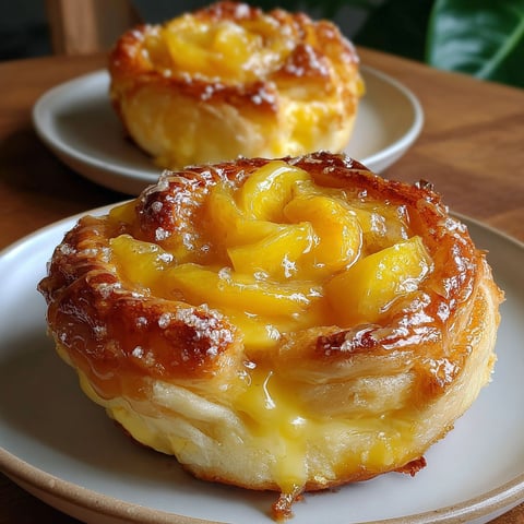 Two golden peach cheesecake rolls on a plate.