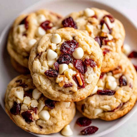 A plate of chewy white chocolate cranberry cookies.