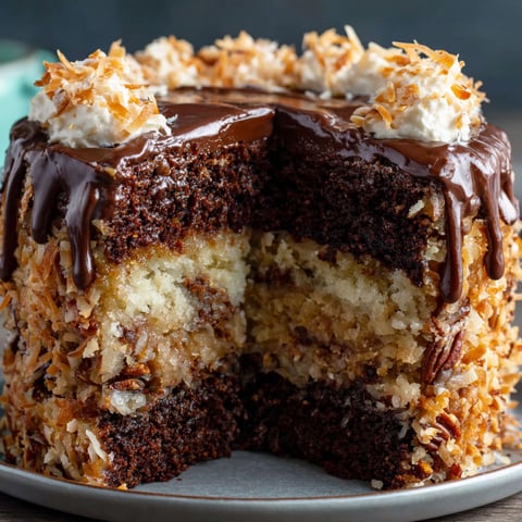 A slice of German Chocolate Cake with coconut and pecans.