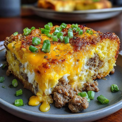 A dish with sausage, egg, cream cheese and green onions.