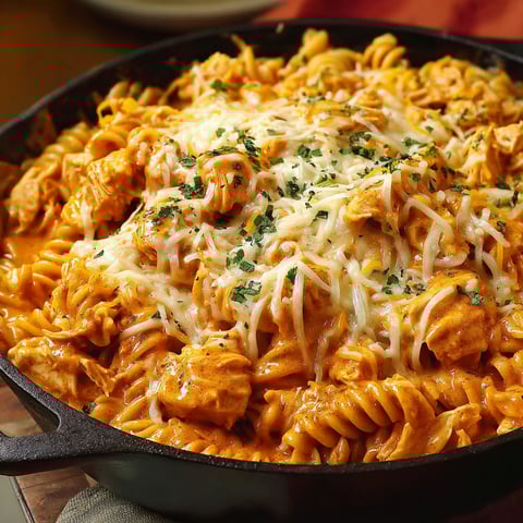 A skillet with a cheesy pasta dish.