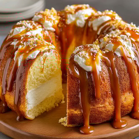 A slice of caramel cream cheese pound cake.