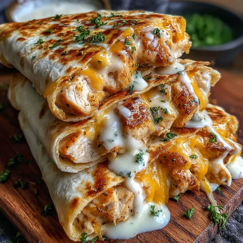 A stack of cheesy garlic chicken wraps.