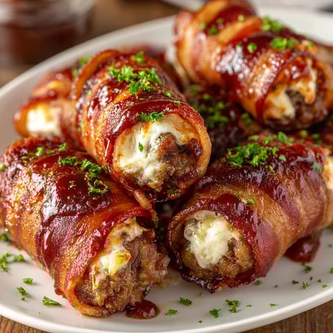 Bacon wrapped meat on a plate.