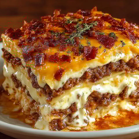 A plate of Parmesan Garlic Bacon Lasagna.